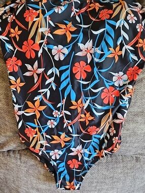 Floral One-Piece Swimsuit in Black with Orange & Blue Flowers